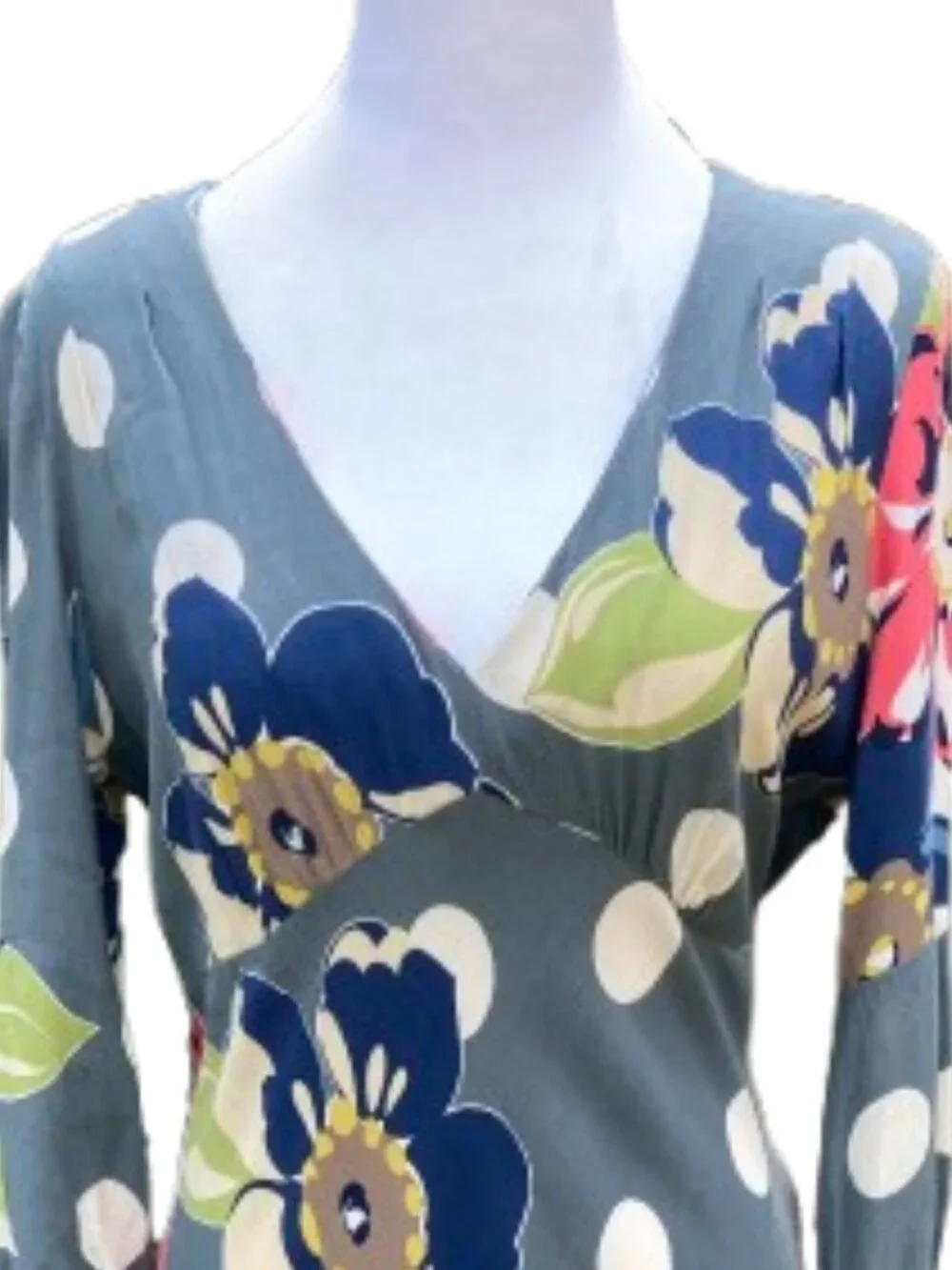 Boden Blue-Gray Dress Mixed Print Floral Empire Waist Midi 3/4 Sleeve V-Neck, 6 - Picture 3 of 13